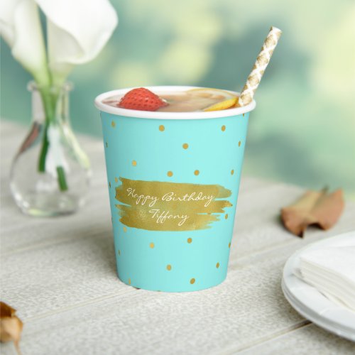 Robins Egg Blue With Gold Dots Custom Party Paper Cups