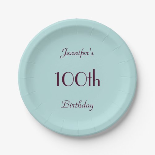 Robins Egg BluePaper Plates 100th Birthday Party Paper Plates