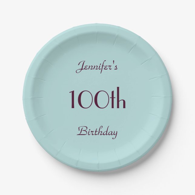 Robin's Egg BluePaper Plates, 100th Birthday Party Paper Plates (Front)