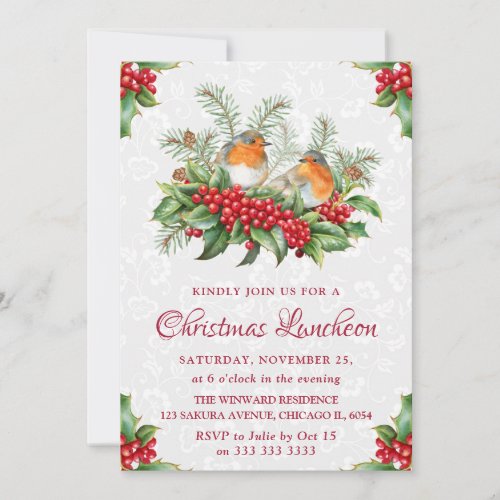 Robins  Holly and Winter Berry Christmas Luncheon Invitation