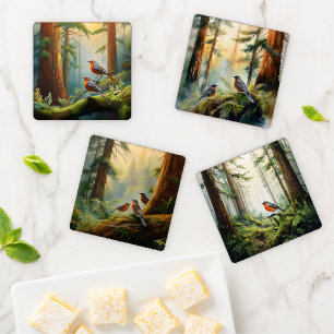 Robins in a Woodland Forest Wild Birds Coaster Set