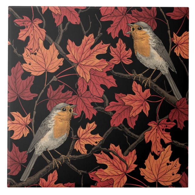 Robins in maple tree ceramic tile (Front)