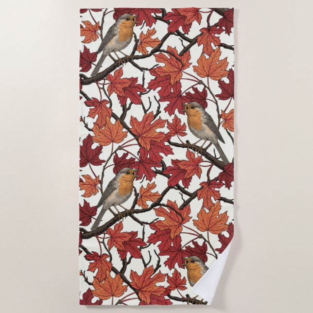 Robins in maple tree on off white beach towel (Front)