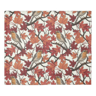 Robins in maple tree on off white duvet cover