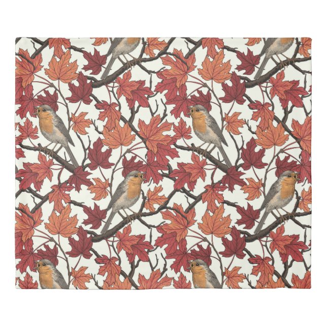 Robins in maple tree on off white duvet cover (Front)