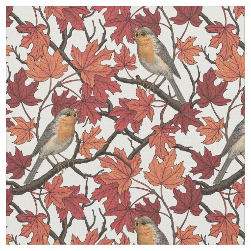 Robins in maple tree on off white fabric