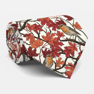 Robins in maple tree on off white neck tie