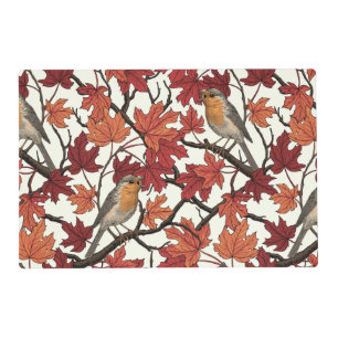 Robins in maple tree on off white placemat