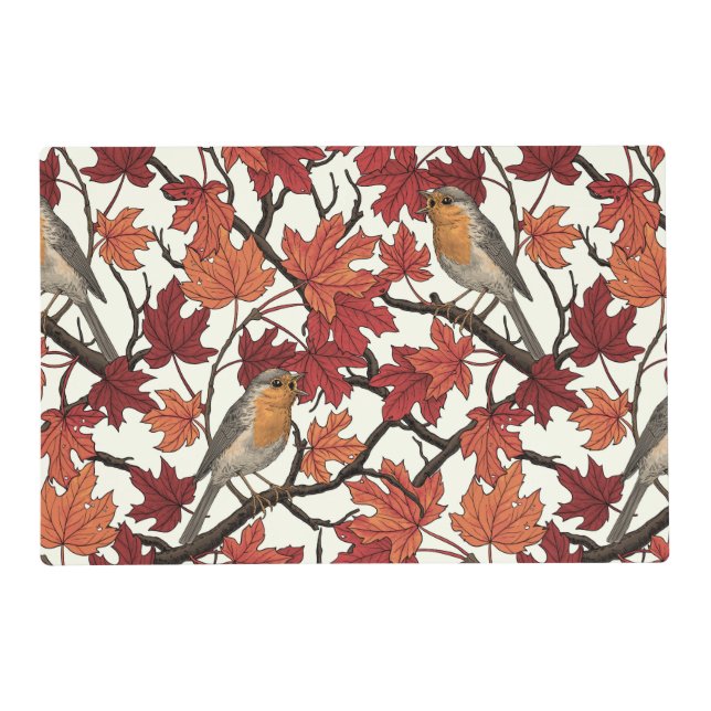 Robins in maple tree on off white placemat (Front)