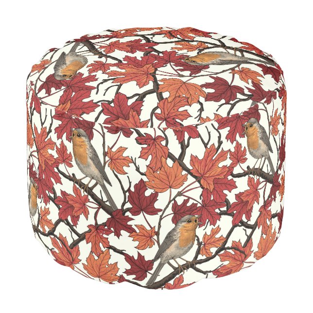 Robins in maple tree on off white pouf (Angled Front)