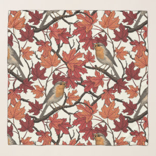 Robins in maple tree on off white scarf