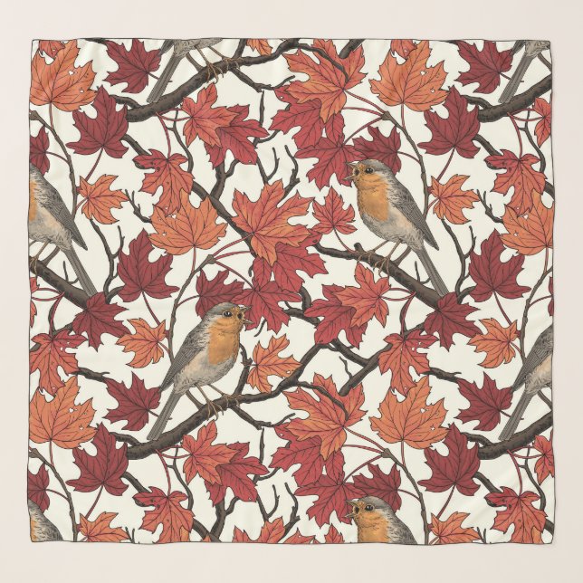 Robins in maple tree on off white scarf (Front)