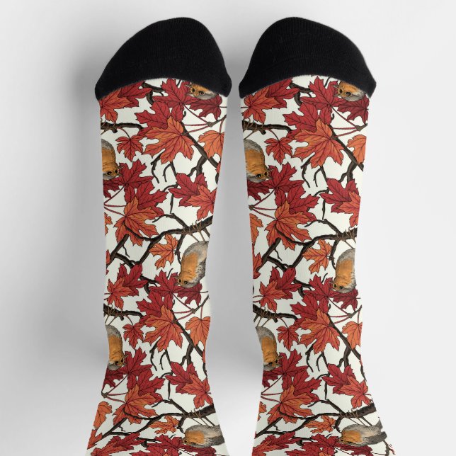 Robins in maple tree on off white socks (Top)