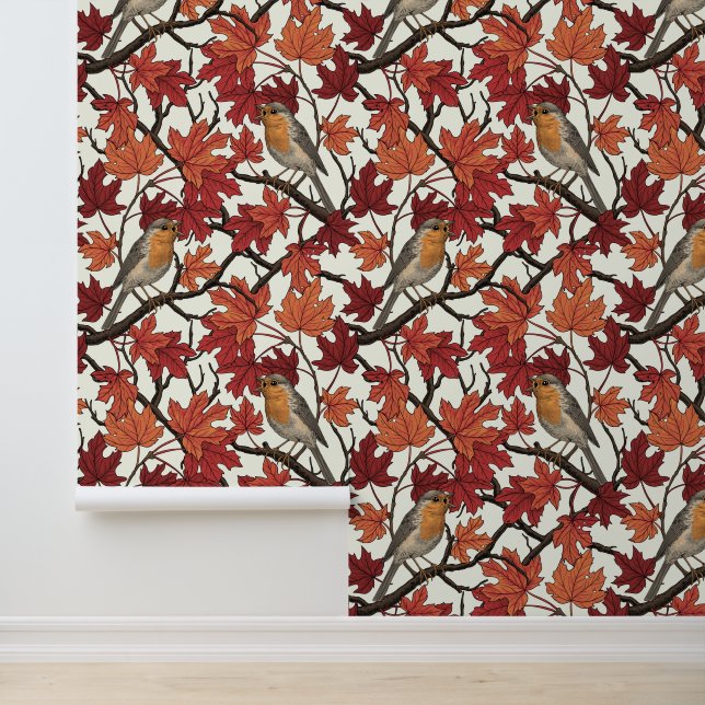 Robins in maple tree on off white wallpaper  (Application)