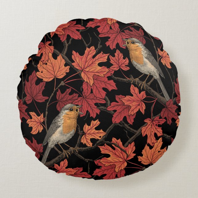 Robins in maple tree round pillow (Front)