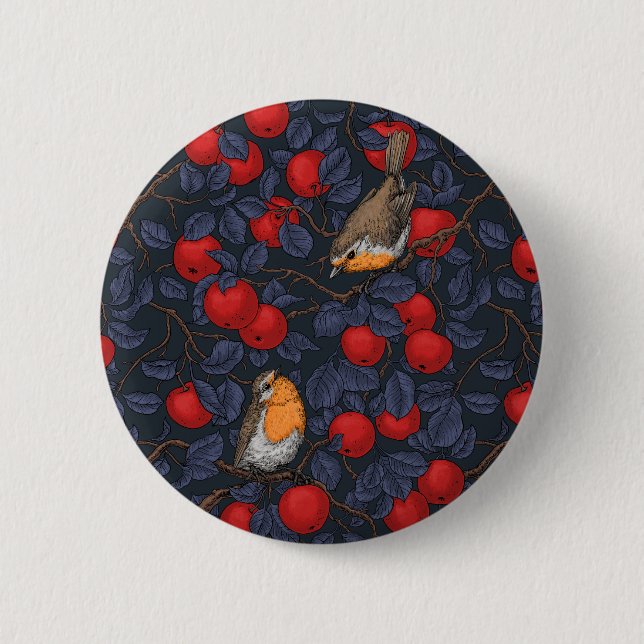 Robins in the apple tree/blue and red  button (Front)
