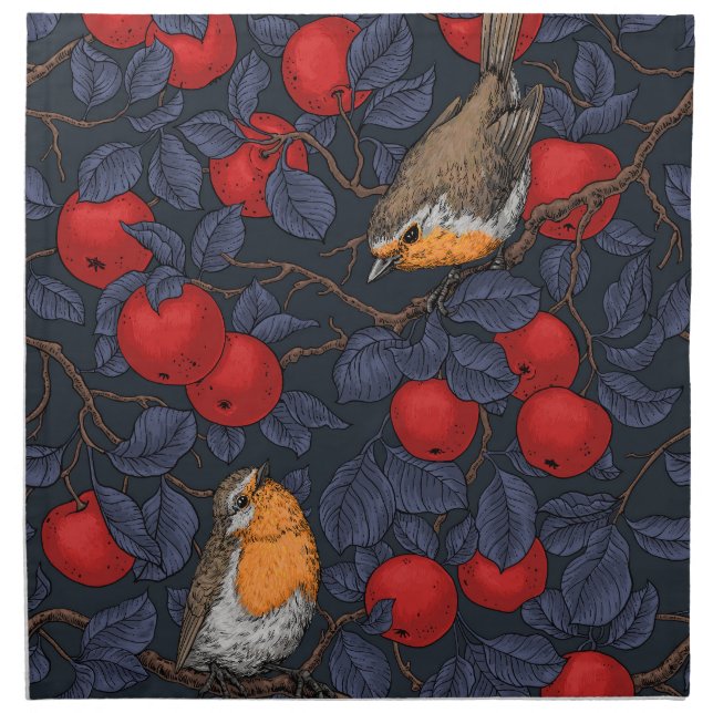Robins in the apple tree/blue and red  cloth napkin (Front)