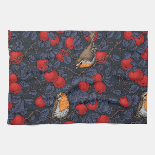 Robins in the apple tree/blue and red  kitchen towel (Horizontal)