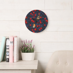 Robins in the apple tree/blue and red large clock