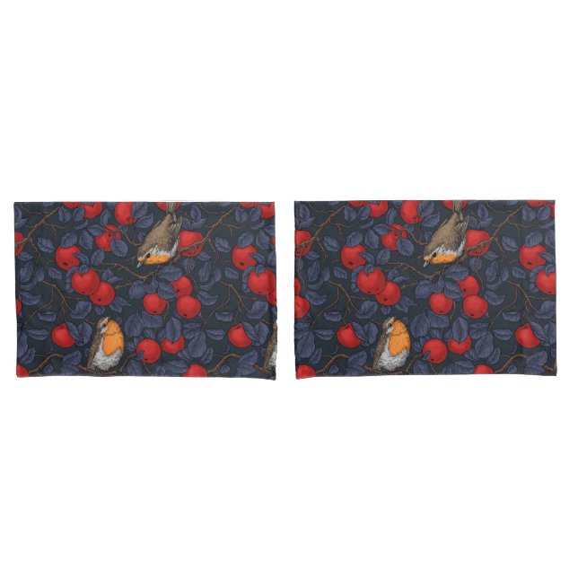 Robins in the apple tree/blue and red  pillow case (Front-Set)
