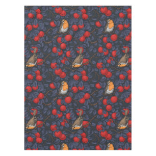 Robins in the apple tree/blue and red tablecloth