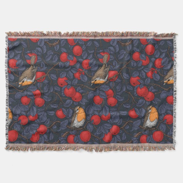 Robins in the apple tree/blue and red  throw blanket (Front)