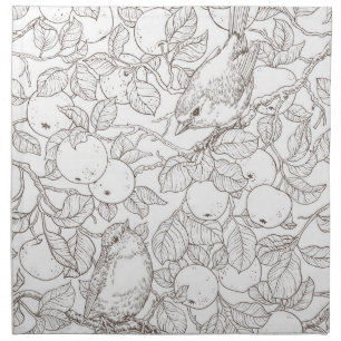 Robins in the apple tree/umber and white cloth napkin