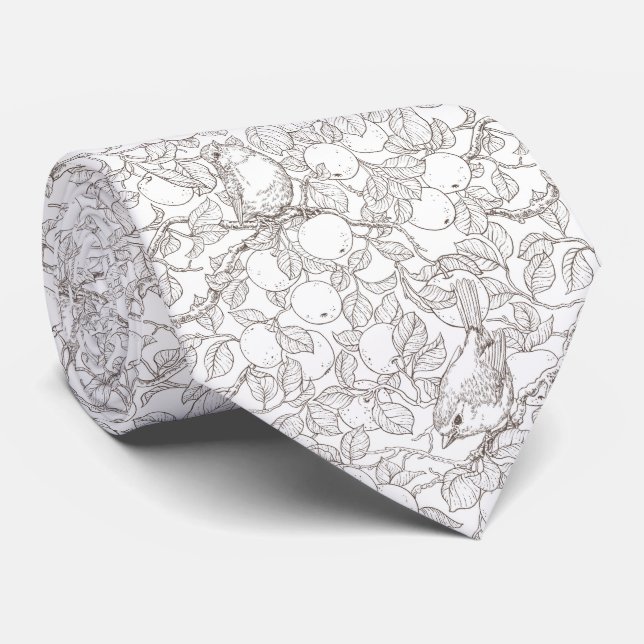 Robins in the apple tree/umber and white neck tie (Rolled)