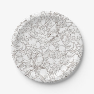 Robins in the apple tree/umber and white paper plates