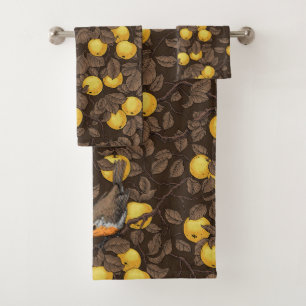 Robins in the apple tree/yellow and dark brown bath towel set