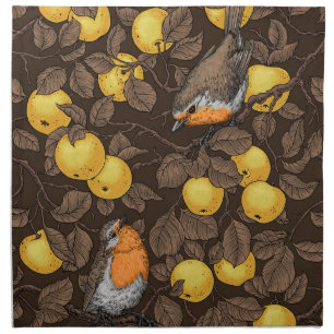 Robins in the apple tree/yellow and dark brown cloth napkin