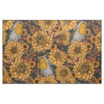 Robins in the autumn garden on black fabric