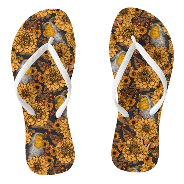 Robins in the autumn garden on black flip flops (Footbed)
