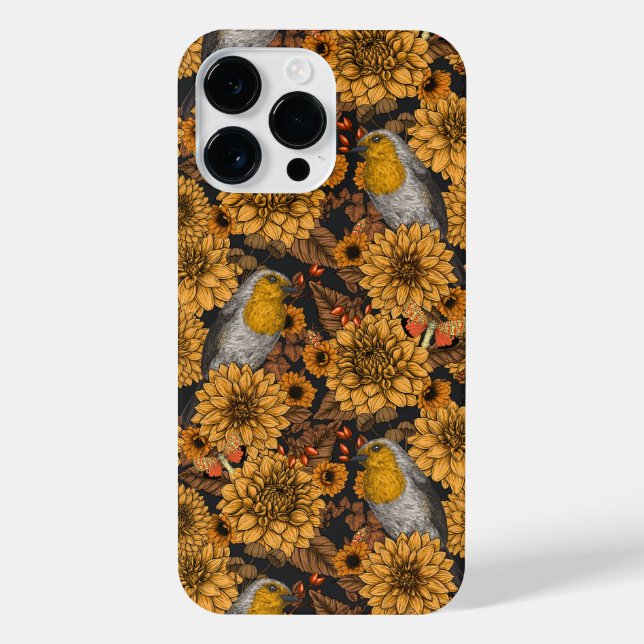 Robins in the autumn garden on black iPhone case (Back)
