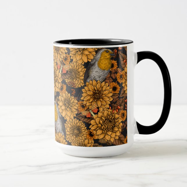 Robins in the autumn garden on black mug (Right)