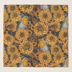 Robins in the autumn garden on black scarf