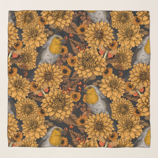 Robins in the autumn garden on black scarf (Front)