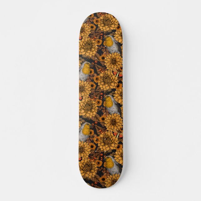 Robins in the autumn garden on black skateboard (Front)