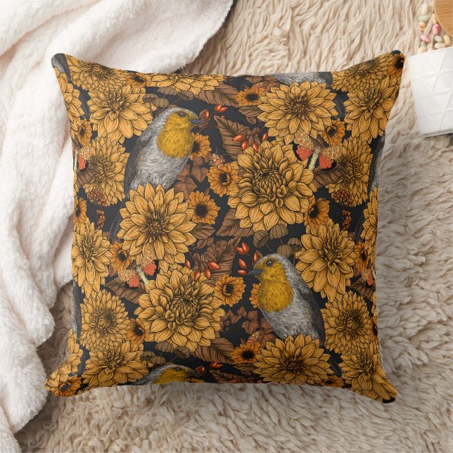 Robins in the autumn garden on black throw pillow (Blanket)