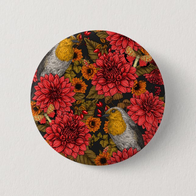 Robins in the autumn garden, red dahlias on black button (Front)