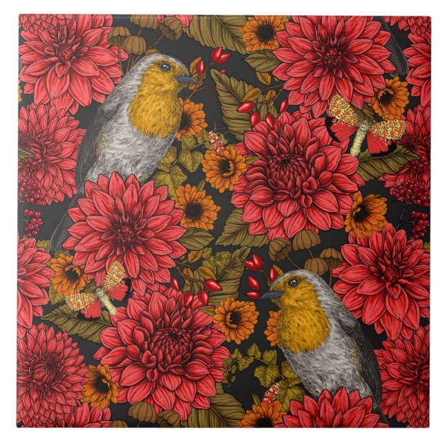 Robins in the autumn garden, red dahlias on black ceramic tile (Front)