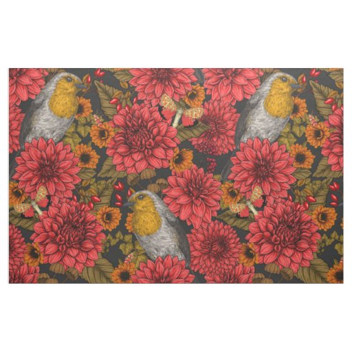 Robins in the autumn garden, red dahlias on black fabric