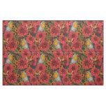 Robins in the autumn garden, red dahlias on black fabric