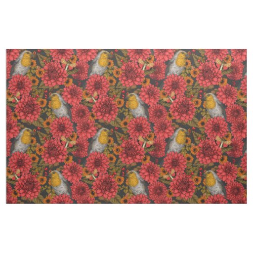 Robins in the autumn garden, red dahlias on black fabric
