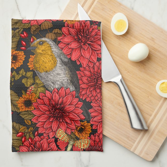 Robins in the autumn garden, red dahlias on black kitchen towel (Quarter Fold)
