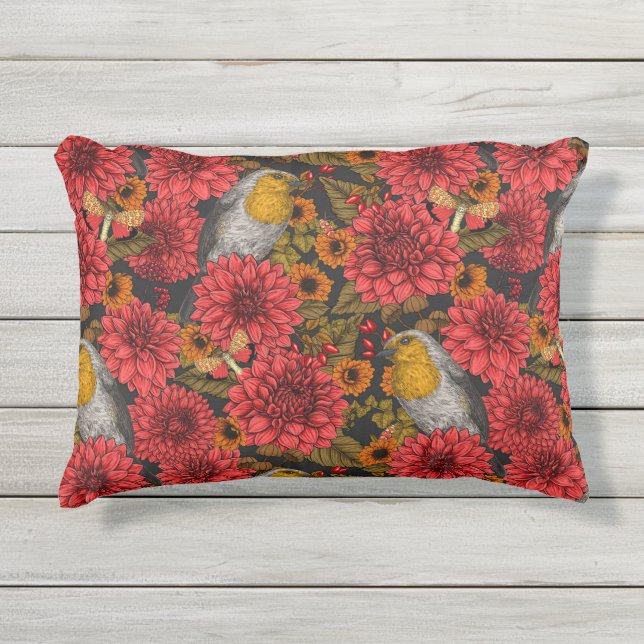 Robins in the autumn garden, red dahlias on black outdoor pillow (Front)