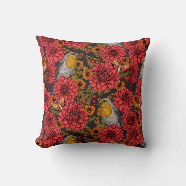 Robins in the autumn garden, red dahlias on black throw pillow (Front)