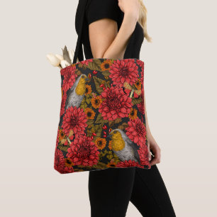 Robins in the autumn garden, red dahlias on black tote bag