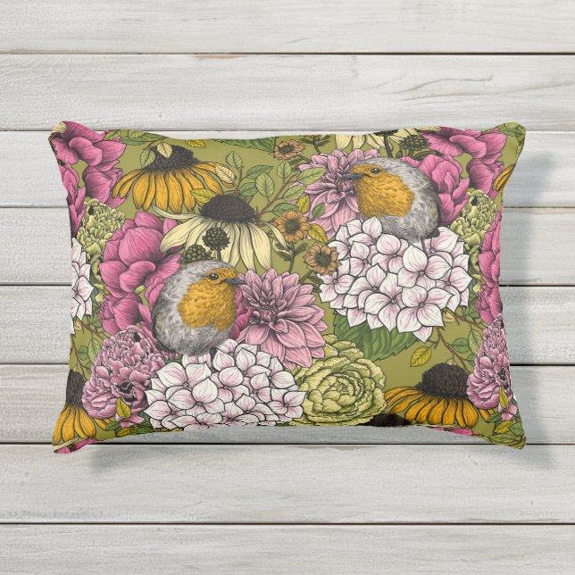 Robins in the garden 2 outdoor pillow (Front)