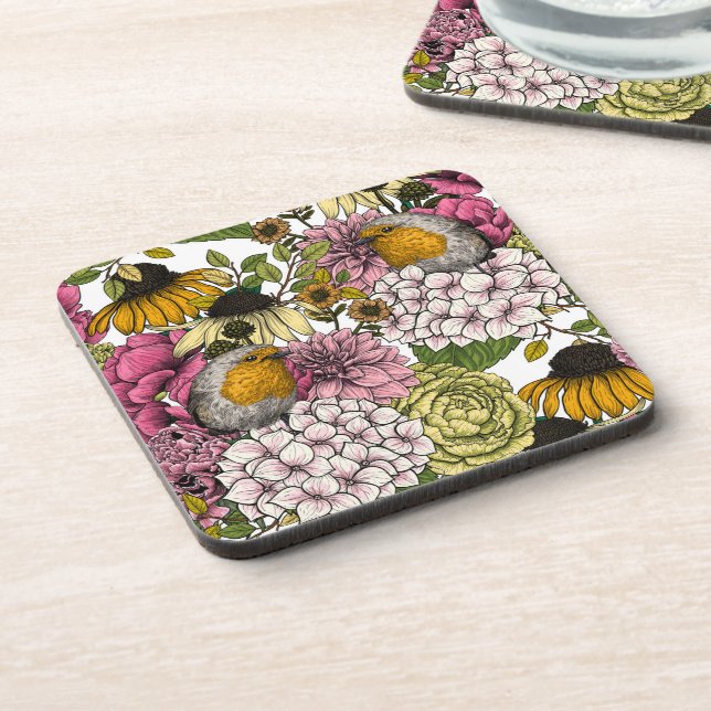 Robins in the garden beverage coaster (Left Side)